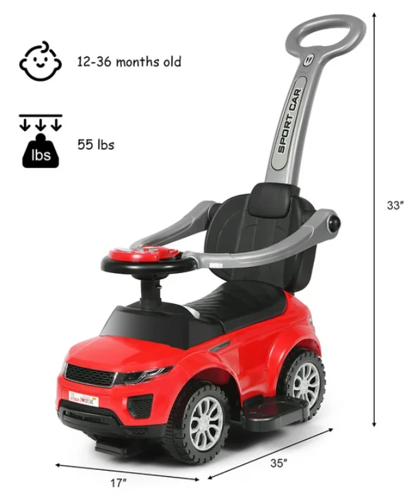 3 in 1 Ride on Push Car Toddler Stroller Sliding Car w/Music Red, 12 - 36 month