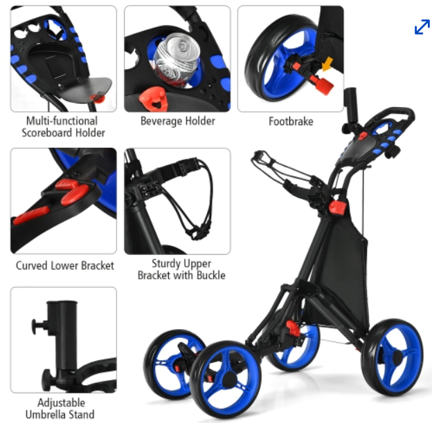 Goplus Folding 4 Wheels Golf Push Cart W/Bag Scoreboard Adjustable Handle