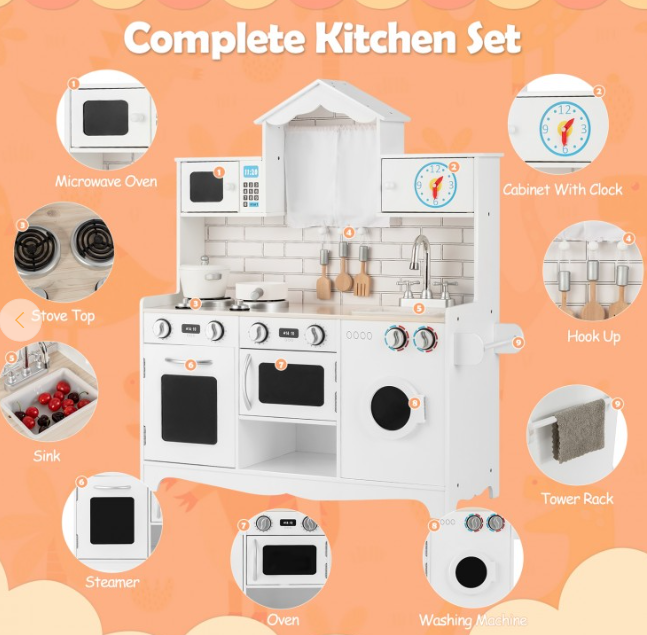 Wooden Kids Kitchen with Washing Machine, fully assembled