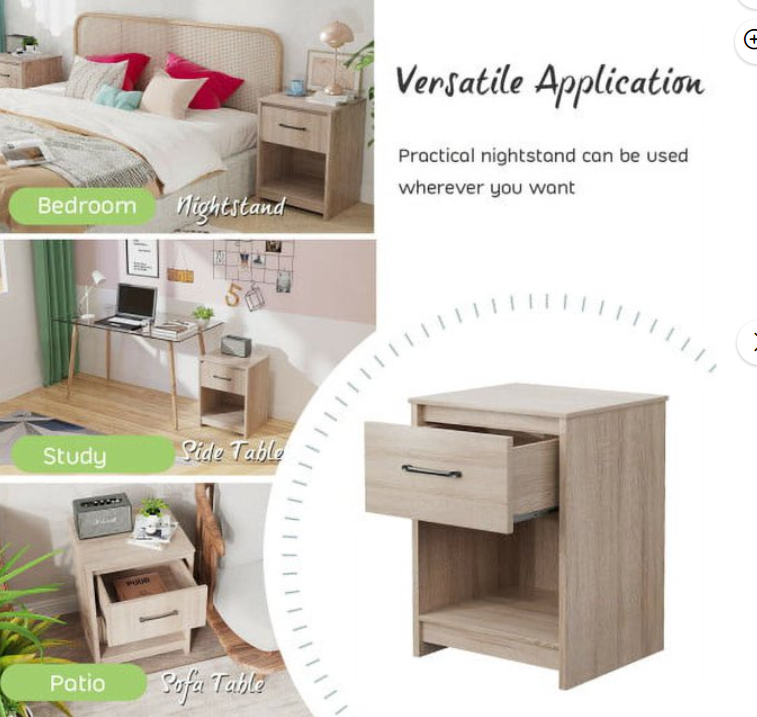 Wooden Nightstand with Drawer and Open Storage Compartment-Natural, fully assembled