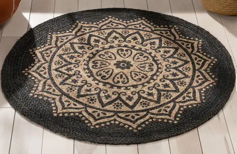 Well Woven Iris Kiera Jute Bohemian Hand-Braided Area Rug - Black Natural - 4' Round - small tear