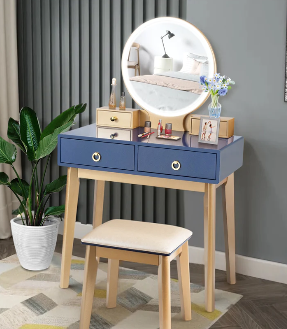 Makeup Vanity Table & Chair Set 3 Color Lighting Dressing Table-Blue, small surface scratch