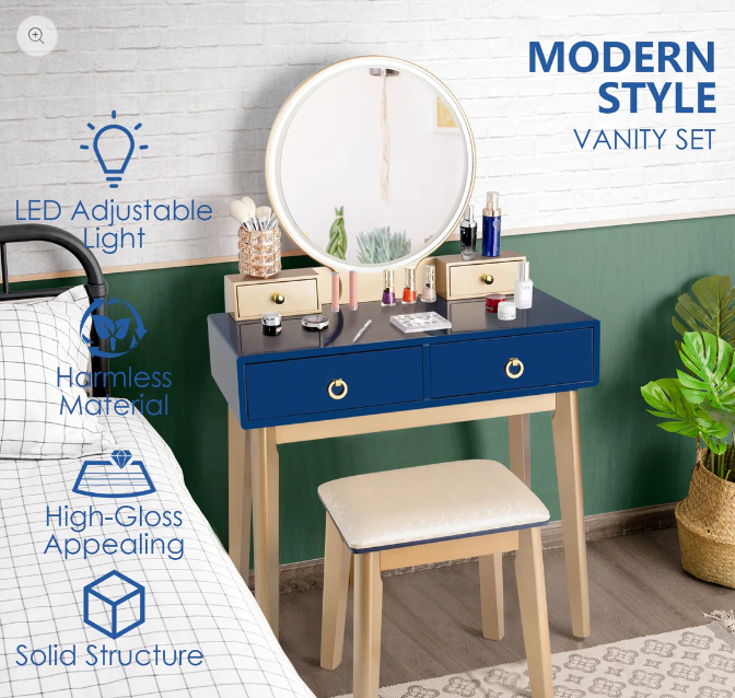 Makeup Vanity Table & Chair Set 3 Color Lighting Dressing Table-Blue, small surface scratch