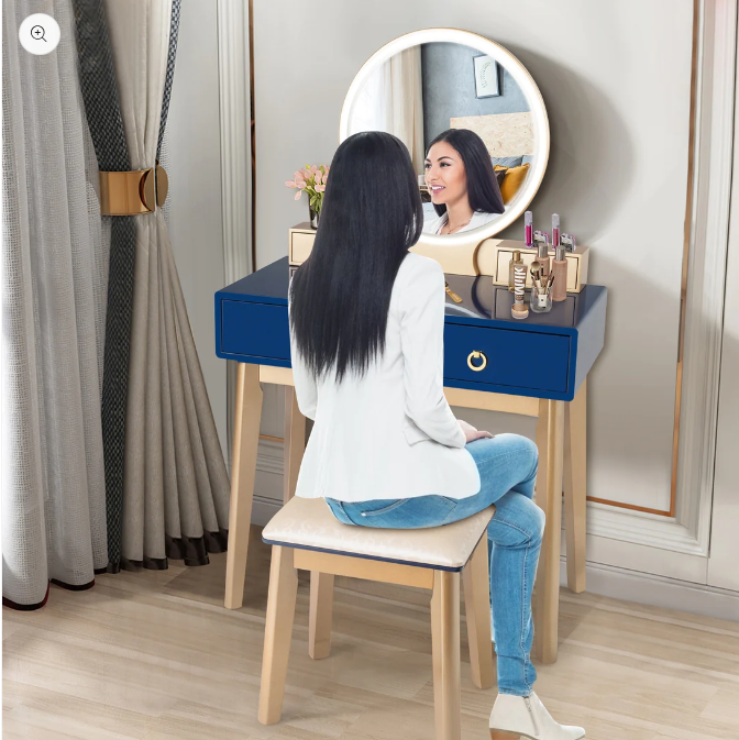 Makeup Vanity Table & Chair Set 3 Color Lighting Dressing Table-Blue, small surface scratch