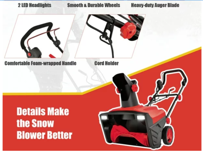 20" Electric Snow Thrower 120V 15Amp Snow Blower, 2 Lights, fully assembled