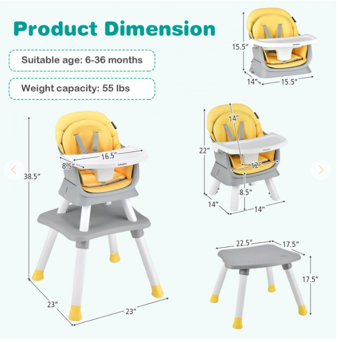 6-in-1 Convertible Baby High Chair with Adjustable Removable Tray