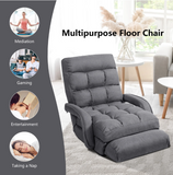 Folding Floor Armchair w/6-position Adjustable Back & Lumbar Pillow Grey