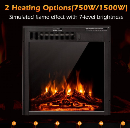 18/22.5 Inch Electric Fireplace Insert with 7-Level Adjustable Flame Brightness with remote
