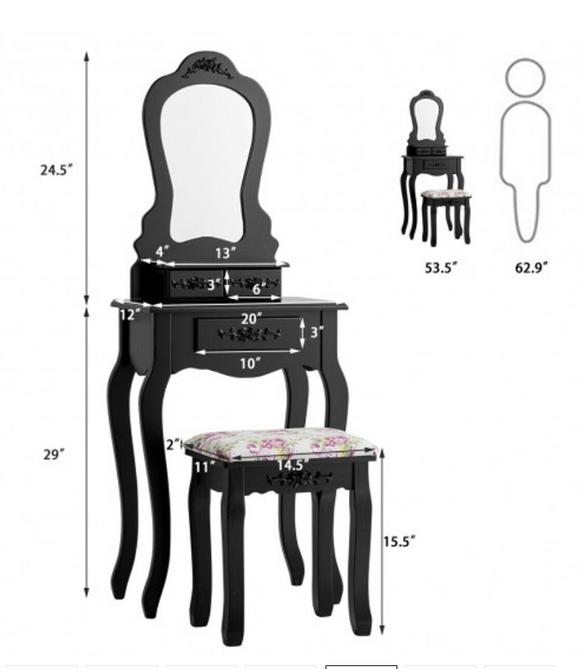 Makeup Dressing Table And Bench 3 Drawers And Cushioned Stool, Mirror is Cracked
