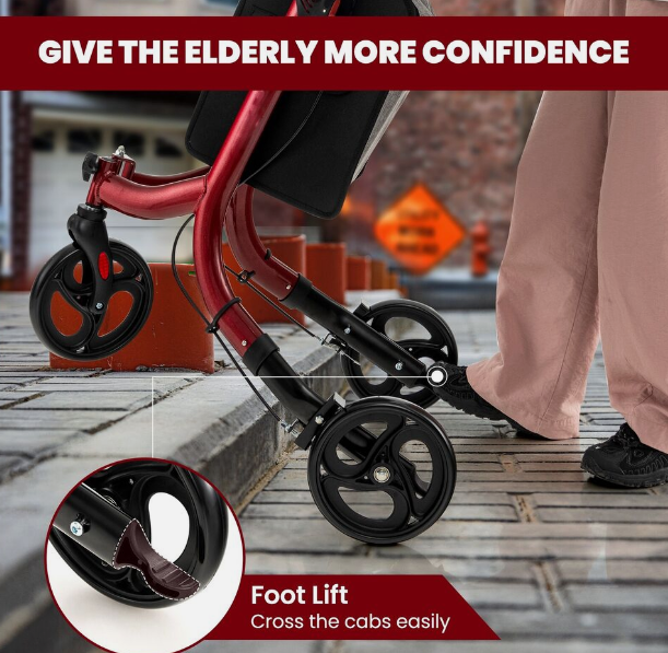 NO TAX, 3 Wheel Folding Rollator Aluminum Mobility Walker Adjustable Handle Lightweight, Red