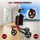 NO TAX, 3 Wheel Folding Rollator Aluminum Mobility Walker Adjustable Handle Lightweight, Red