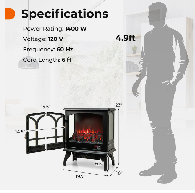 23" Electric Fireplace Freestanding Heater, SPECIAL, ONLY RUNS WITH REMOTE CONTROL