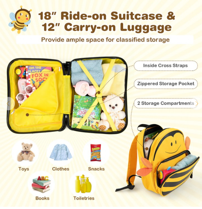 2 Pieces 18 Inch Ride-on Kids Luggage Set with Spinner Wheels, yellow