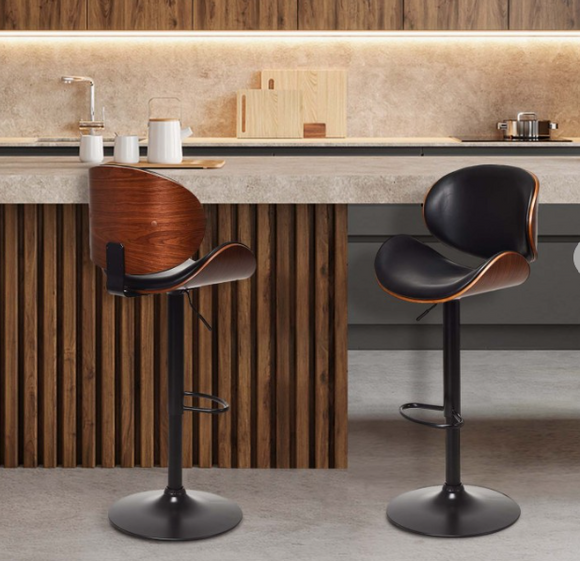 Set of 2 Adjustable Swivel PU Leather Bar Stools with Curved Footrest