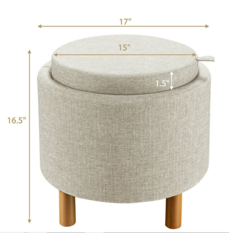 4 in 1 Upholstered Round Storage Ottoman with Trays, Fabric Storage Footstool, Beige