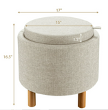 4 in 1 Upholstered Round Storage Ottoman with Trays, Fabric Storage Footstool, Beige