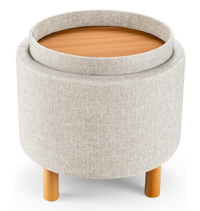 4 in 1 Upholstered Round Storage Ottoman with Trays, Fabric Storage Footstool, Beige