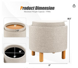 4 in 1 Upholstered Round Storage Ottoman with Trays, Fabric Storage Footstool, Beige