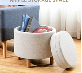 4 in 1 Upholstered Round Storage Ottoman with Trays, Fabric Storage Footstool, Beige