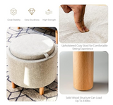 4 in 1 Upholstered Round Storage Ottoman with Trays, Fabric Storage Footstool, Beige