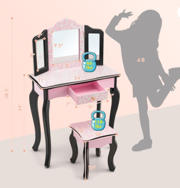 Kids Vanity Set, Leopard Print Pink, Fully Assembled