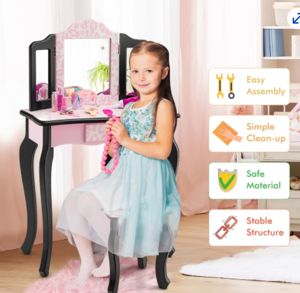 Kids Vanity Set, Leopard Print Pink, Fully Assembled
