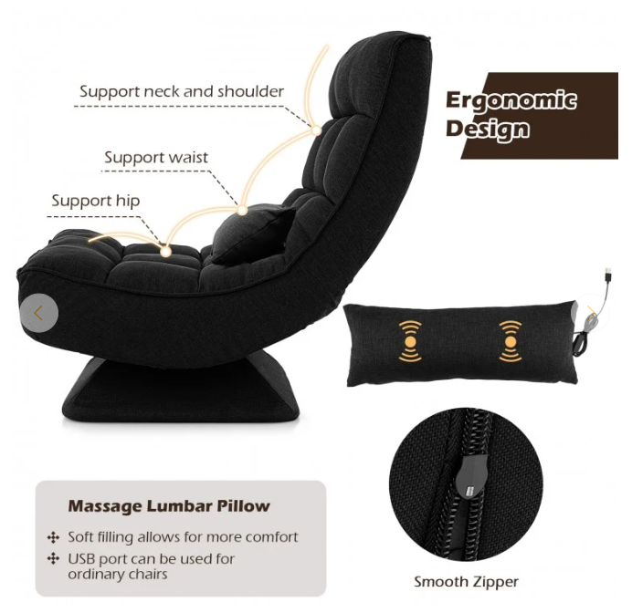 5-Level Adjustable 360° Swivel Floor Chair with Massage Pillow, black