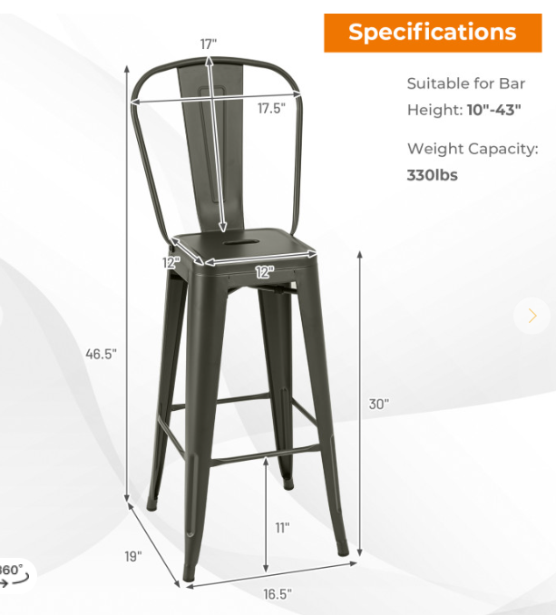 Set of 4, 30`` Modern Metal Industrial Bar Stools with Removable Back, Gun Metal, slightly marked