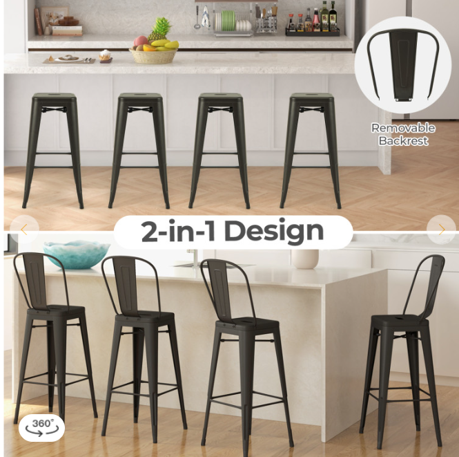 Set of 4, 30`` Modern Metal Industrial Bar Stools with Removable Back, Gun Metal, slightly marked