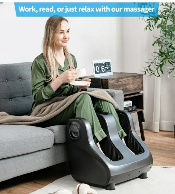 Shiatsu Foot & Calf Massager W/ Compression Kneading Heating & Vibrating, Black, remote included