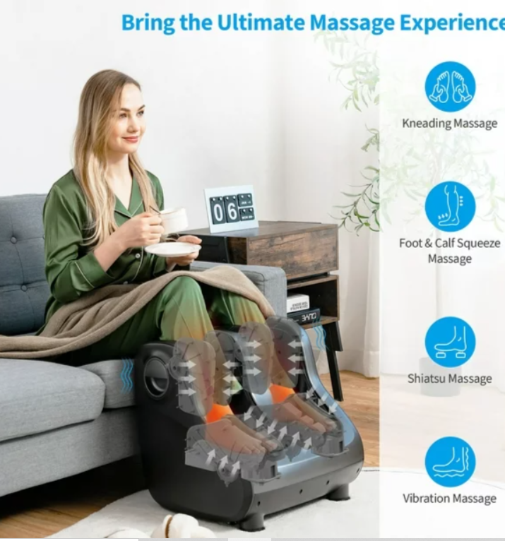 Shiatsu Foot & Calf Massager W/ Compression Kneading Heating & Vibrating, Black, remote included