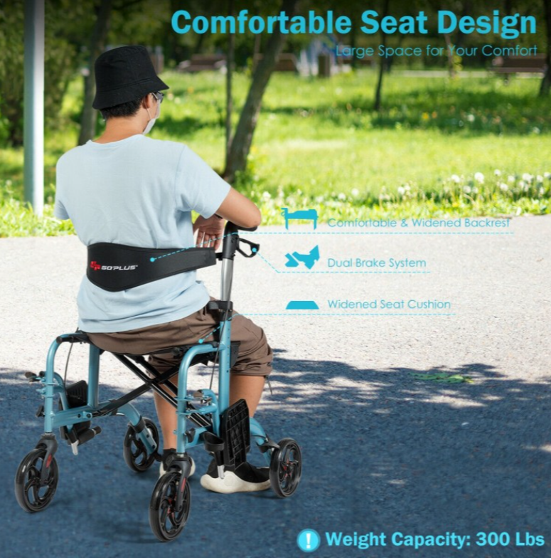 NO TAX, 2 in 1 Folding Rollator Walker, 4 Wheel Medical Rolling Walker