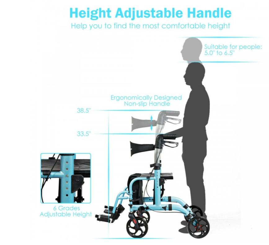 NO TAX, 2 in 1 Folding Rollator Walker, 4 Wheel Medical Rolling Walker
