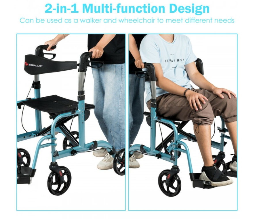 NO TAX, 2 in 1 Folding Rollator Walker, 4 Wheel Medical Rolling Walker