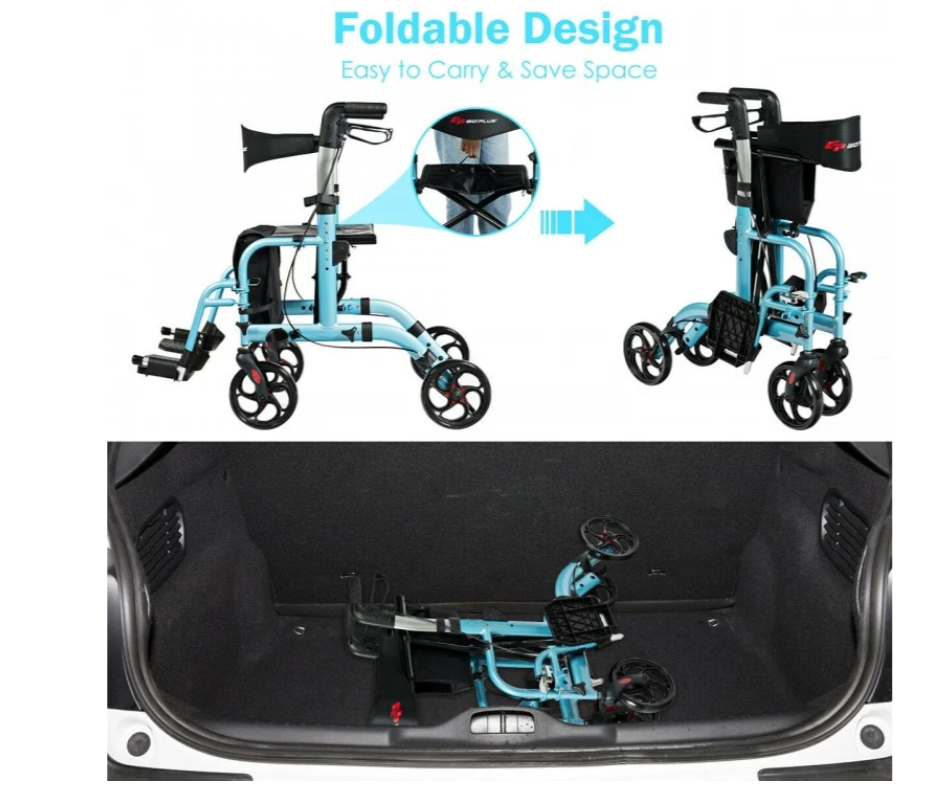 NO TAX, 2 in 1 Folding Rollator Walker, 4 Wheel Medical Rolling Walker