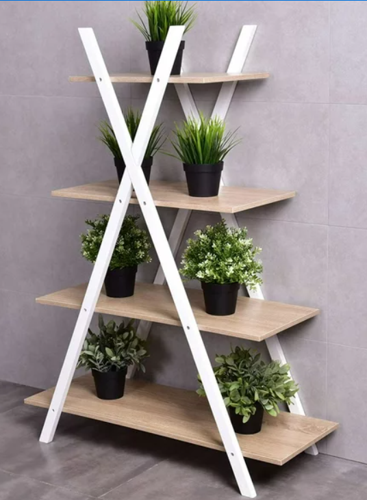 Bookshelf Shelves X-Shape 4 Tier Ladder Storage Bookcase. plant stand, fully assembled