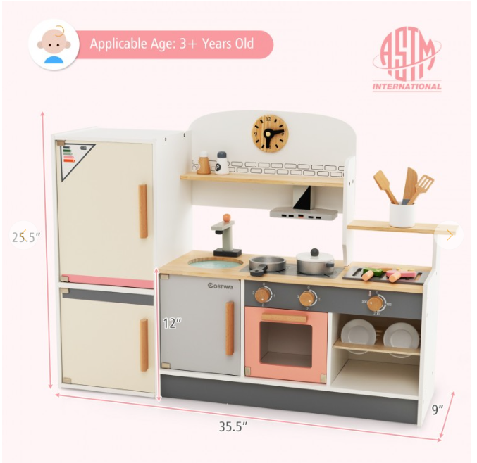 Kids Play Kitchen Set with Realistic Range Hood and Refrigerator, 1 box, unassembled