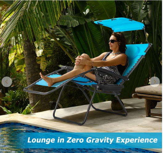 Folding Recliner Lounge Chair with Shade Canopy Cup Holder, TURQUOISE