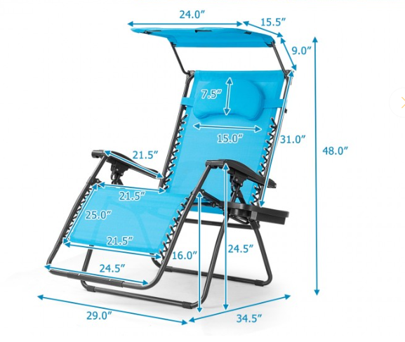 Folding Recliner Lounge Chair with Shade Canopy Cup Holder, TURQUOISE