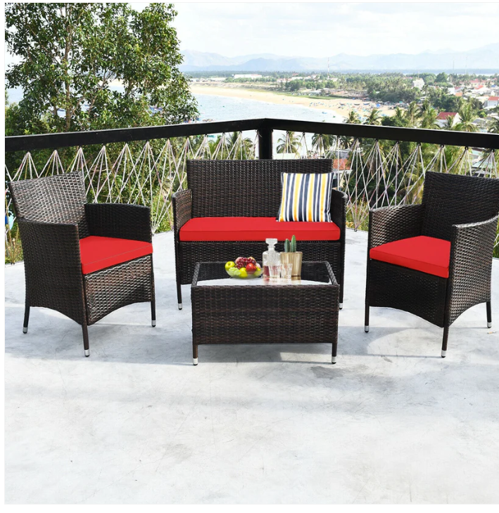 NO TAX SPECIAL, 4 Pieces Comfortable Rattan Outdoor Furniture Set with Glass Table-Red - ASSEMBLED