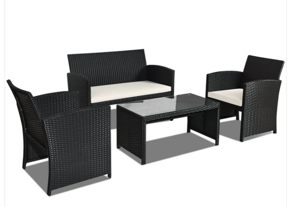 4 Pcs Wicker Conversation Furniture Set Patio Sofa And Table Set, Fully Assembled, white cushions