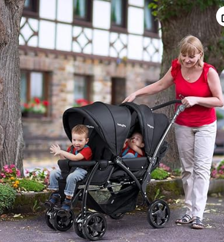 Double stroller, foldable, adjustable back rest, black