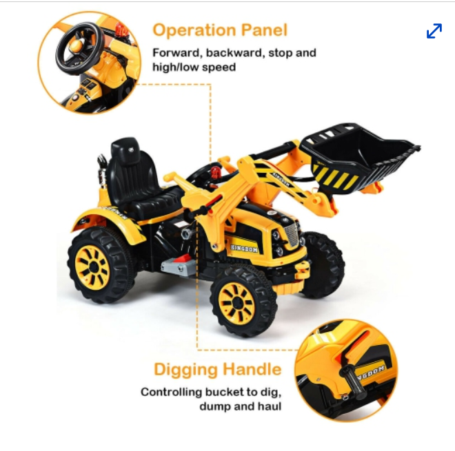 12V Battery Powered Kids Ride On Excavator Truck With Front Loader Digger Yellow, Fully Assembled