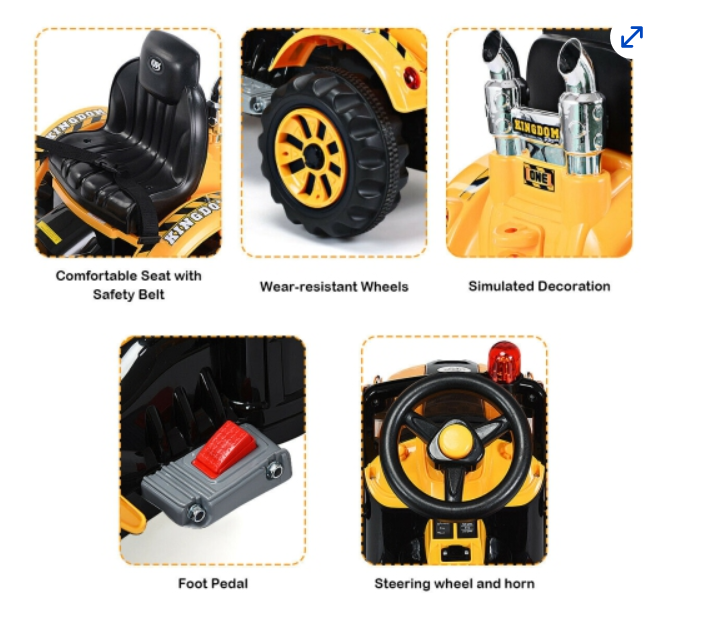 12V Battery Powered Kids Ride On Excavator Truck With Front Loader Digger Yellow, Fully Assembled