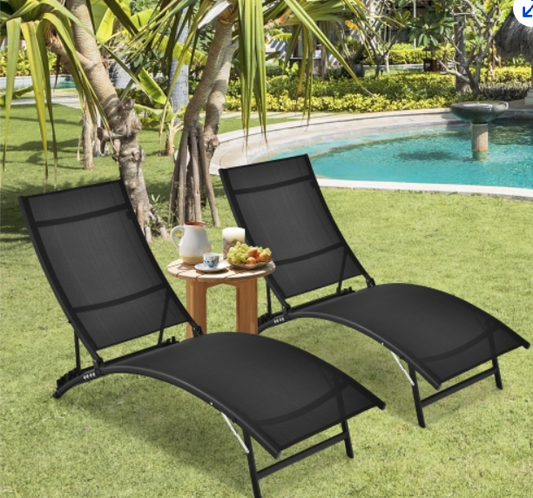 2 PCS SET,  Patio Folding Chaise Lounge, adjustable Stackable,  Black