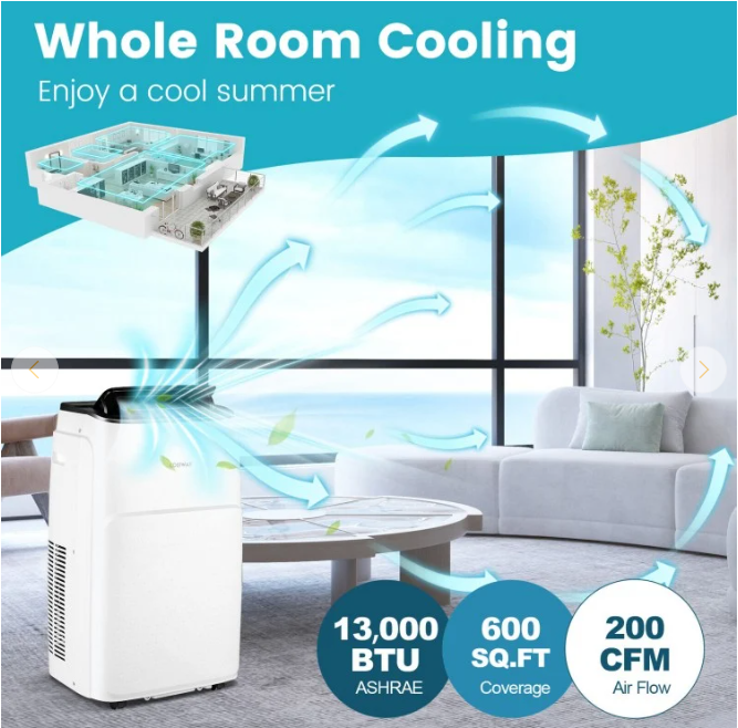 13000 BTU, Portable  Heat Pump & Air Conditioner with App and Heater,