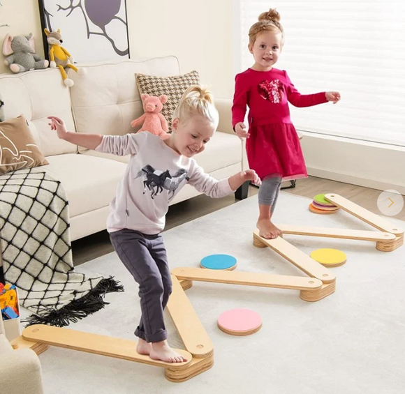 12-Piece Kids Wooden Balance Beam with Colorful Steeping Stones