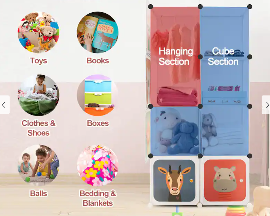 8-Cube Kids Wardrobe Baby Dresser Clothes Hanging Closet with Doors, 1 box, unassembled