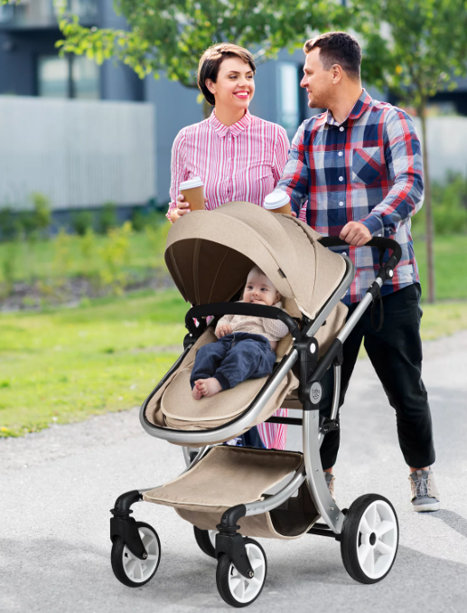 Babyjoy High Landscape Stroller 2-in-1 Foldable for Infant with Reversible Seat Beige