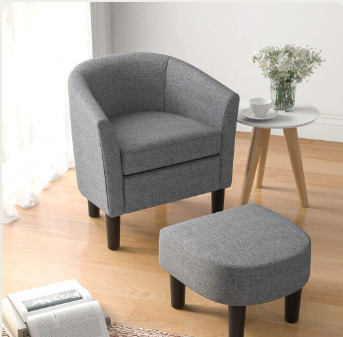 Barrel Club Chair with Ottoman Set Linen Fabric Accent Chair with Footrest-Gray